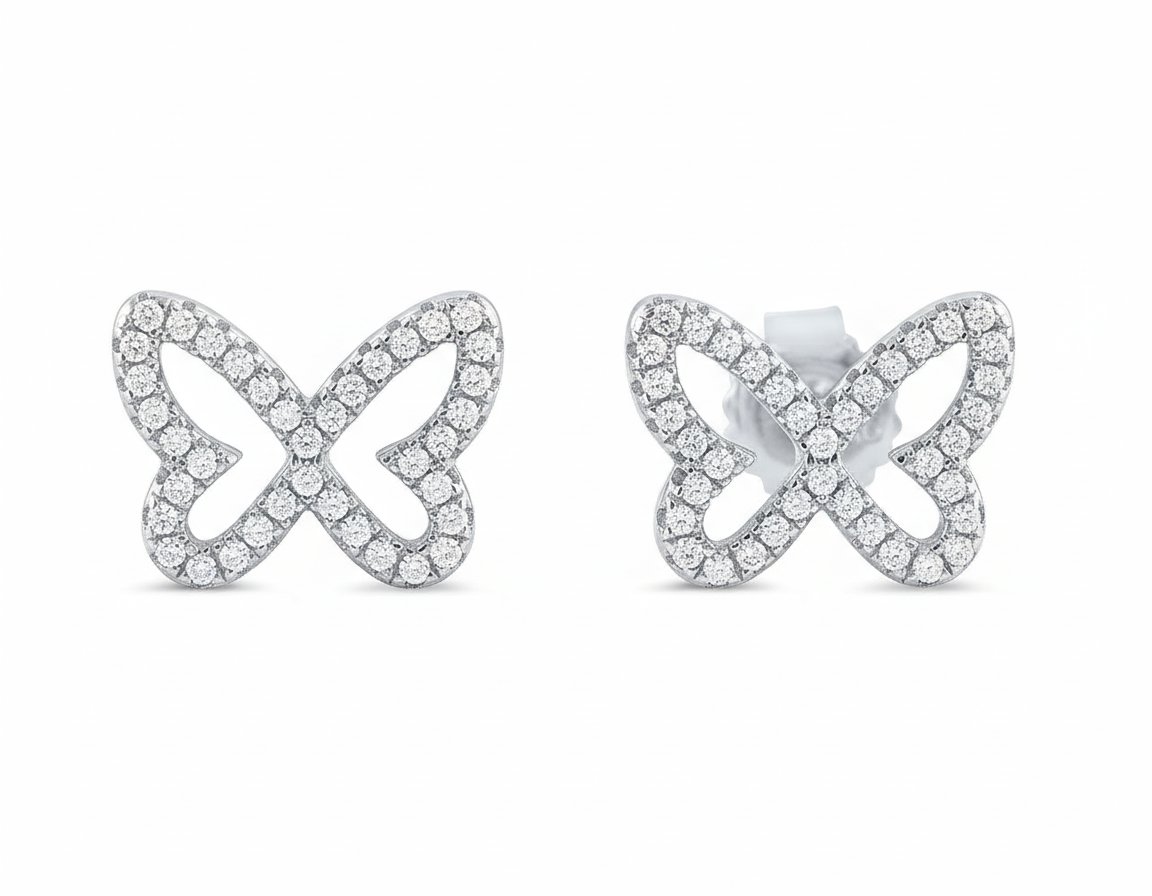 Rhodium Plated Sterling Silver Women's CZ Butterfly Stud Earrings - 9mm