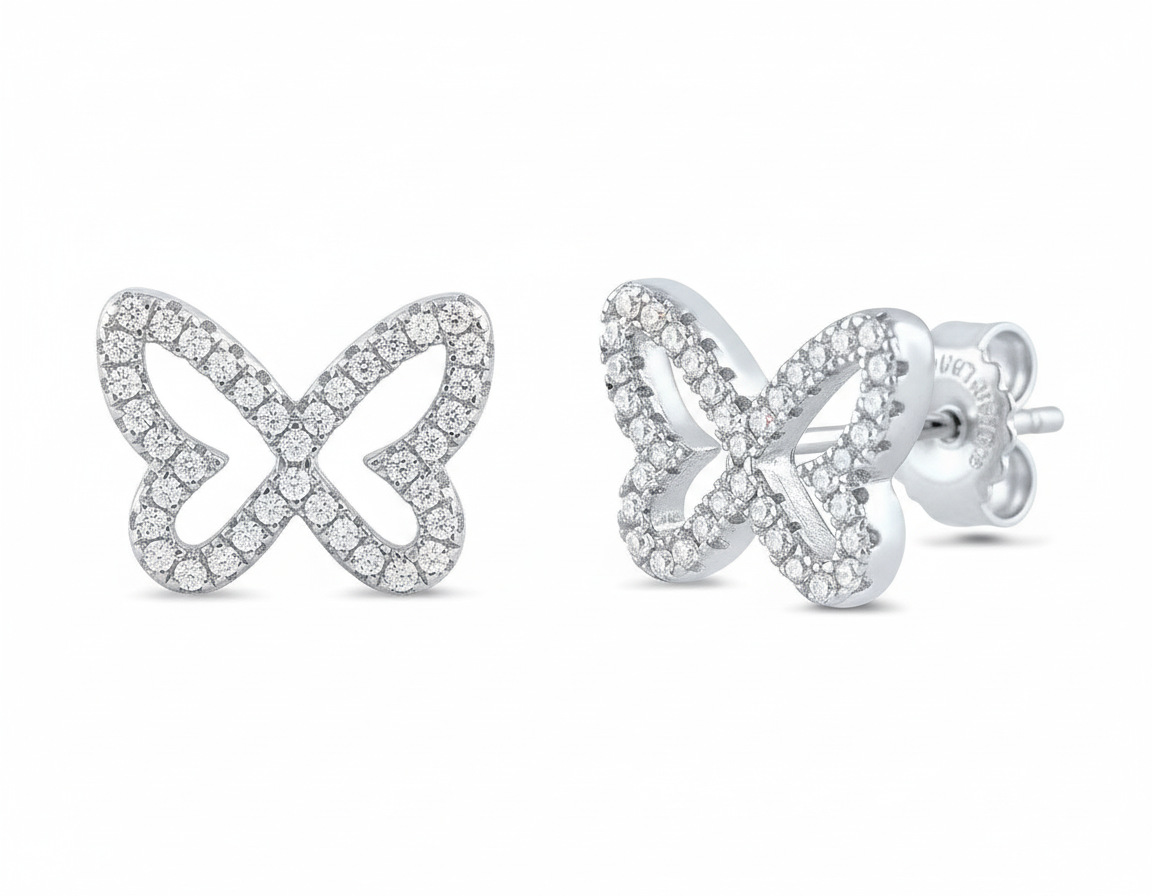 Rhodium Plated Sterling Silver Women's CZ Butterfly Stud Earrings - 9mm