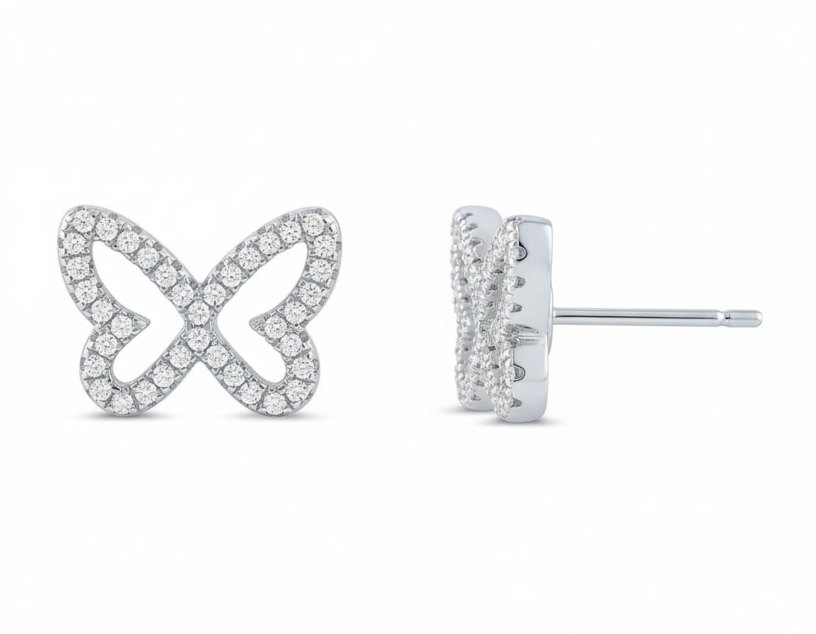 Rhodium Plated Sterling Silver Women's CZ Butterfly Stud Earrings - 9mm