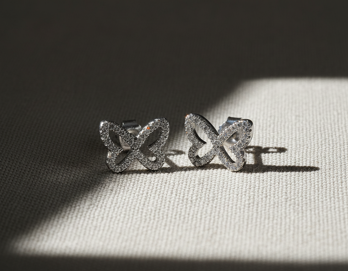 Rhodium Plated Sterling Silver Women's CZ Butterfly Stud Earrings - 9mm