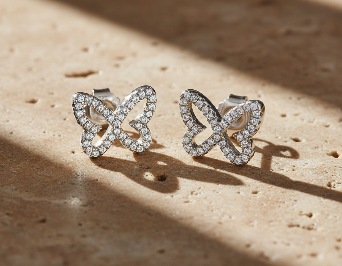 Rhodium Plated Sterling Silver Women's CZ Butterfly Stud Earrings - 9mm