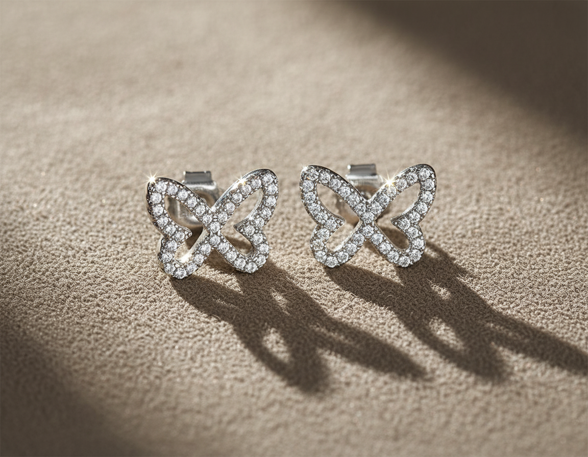 Rhodium Plated Sterling Silver Women's CZ Butterfly Stud Earrings - 9mm