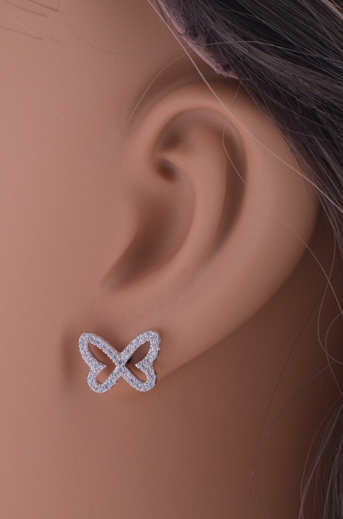 Rhodium Plated Sterling Silver Women's CZ Butterfly Stud Earrings - 9mm