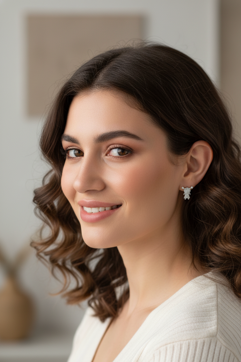 White Gold over Sterling Silver Women's CZ pigtail Girl Stud Earrings