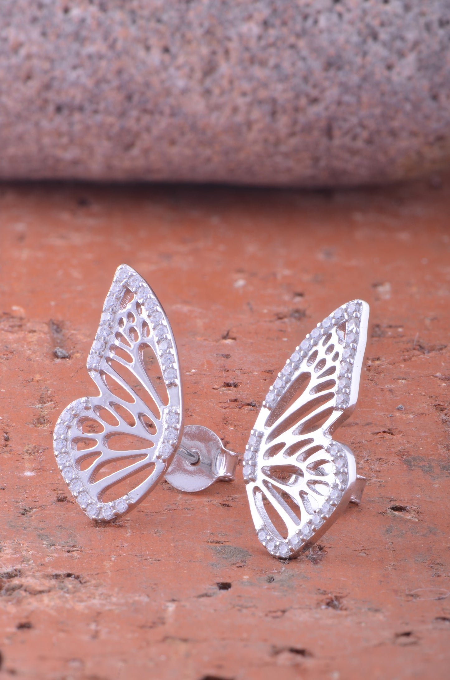 White Gold Over Sterling Silver Ladies Large Cz Half Butterfly Earrings
