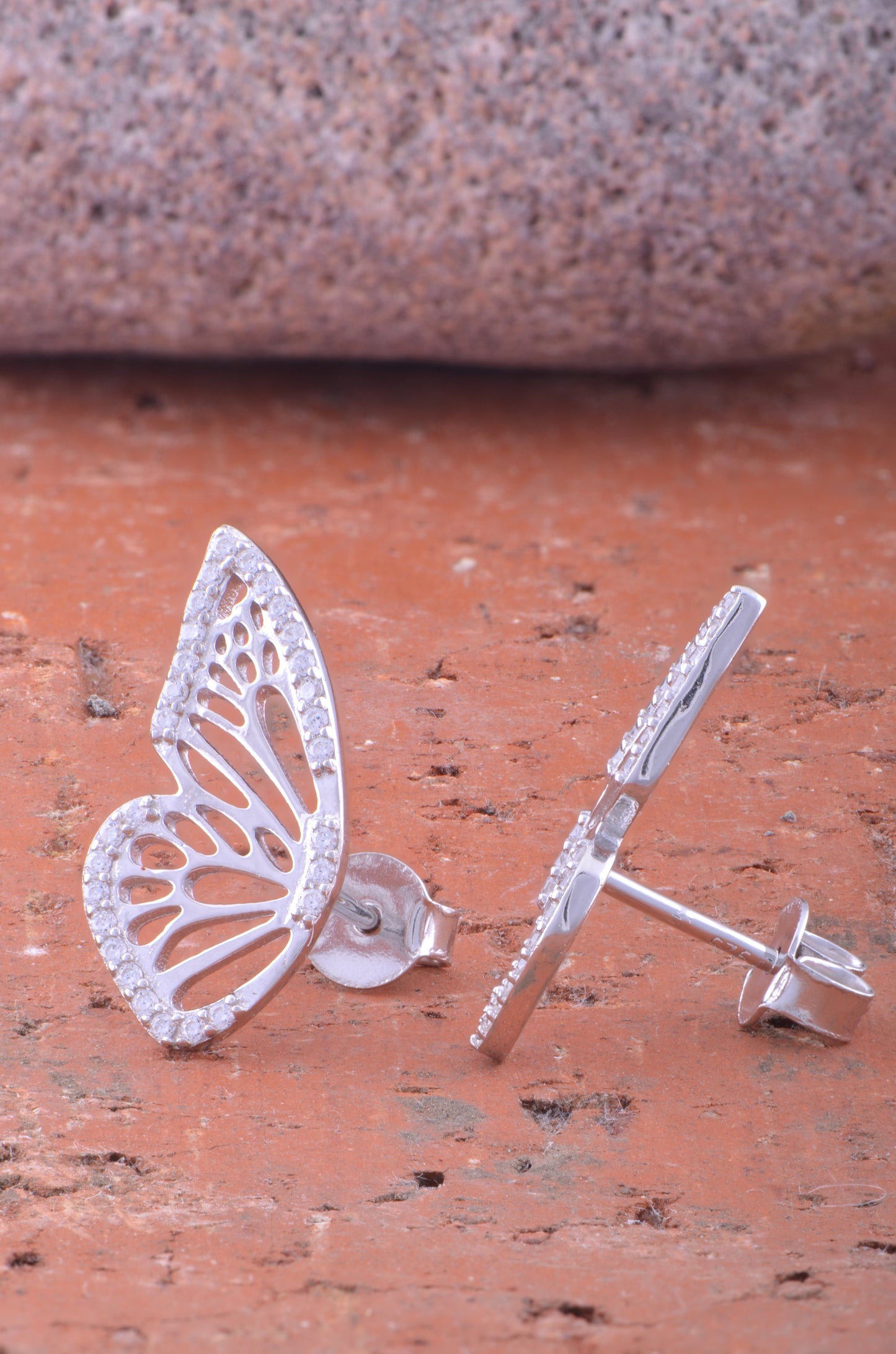 White Gold Over Sterling Silver Ladies Large Cz Half Butterfly Earrings