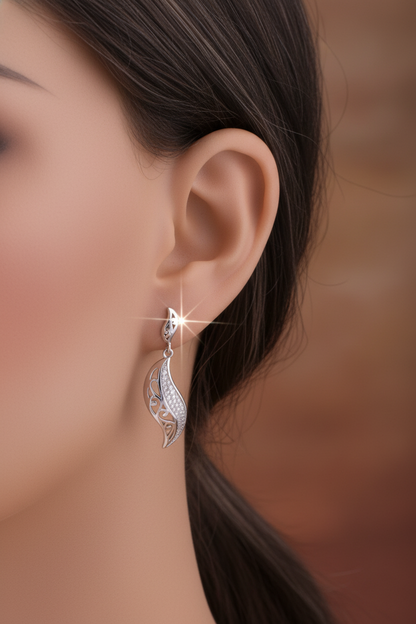 White Gold over Sterling Silver Women's CZ Intricate Leaf Dangle Earrings - 7mm