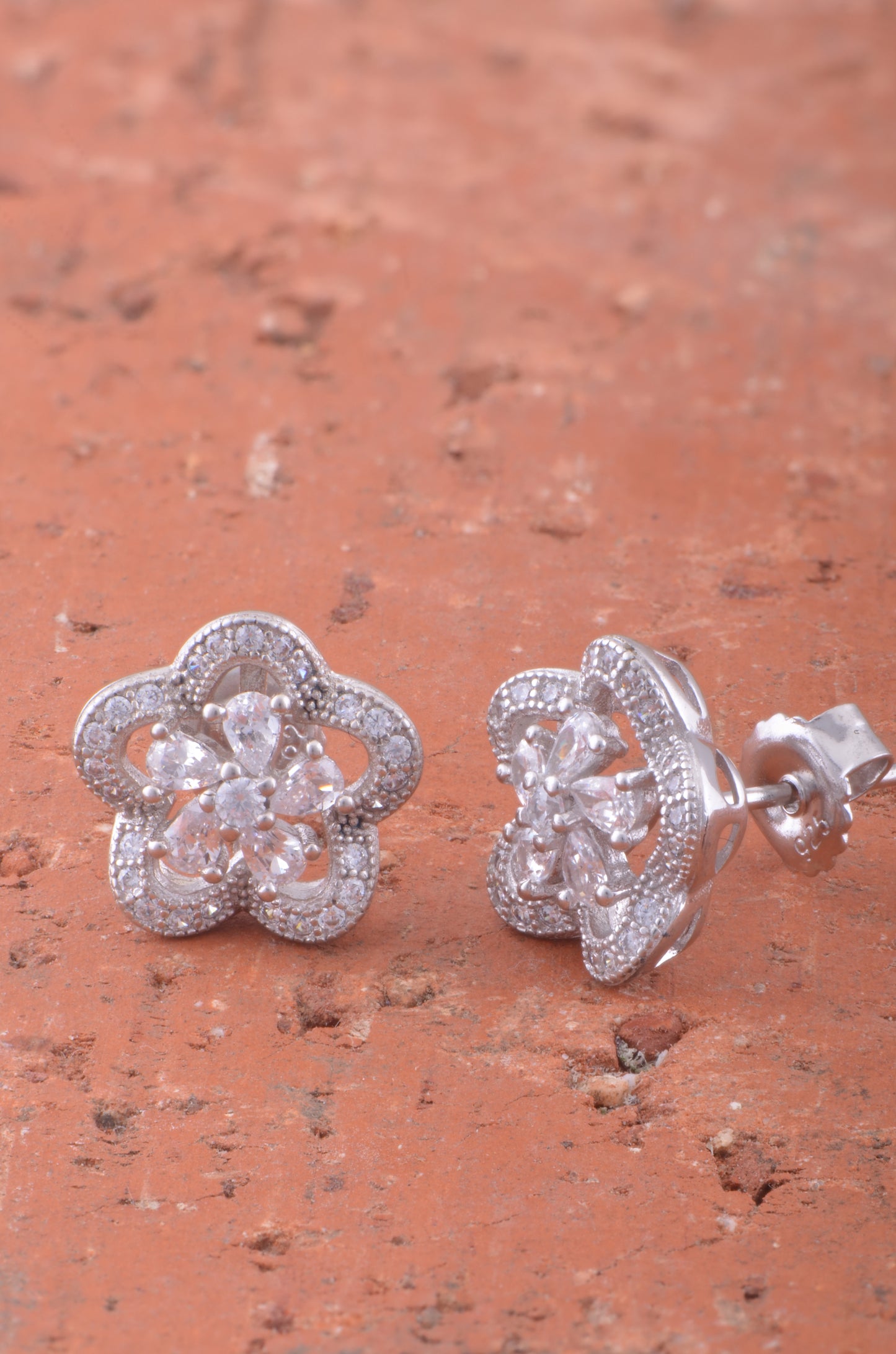 White Gold Over Sterling Silver Womens Cz Halo Flower Stud Earrings