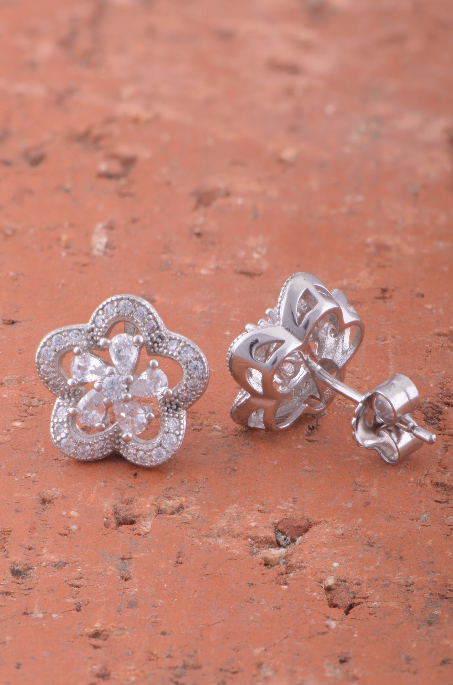 White Gold Over Sterling Silver Womens Cz Halo Flower Stud Earrings