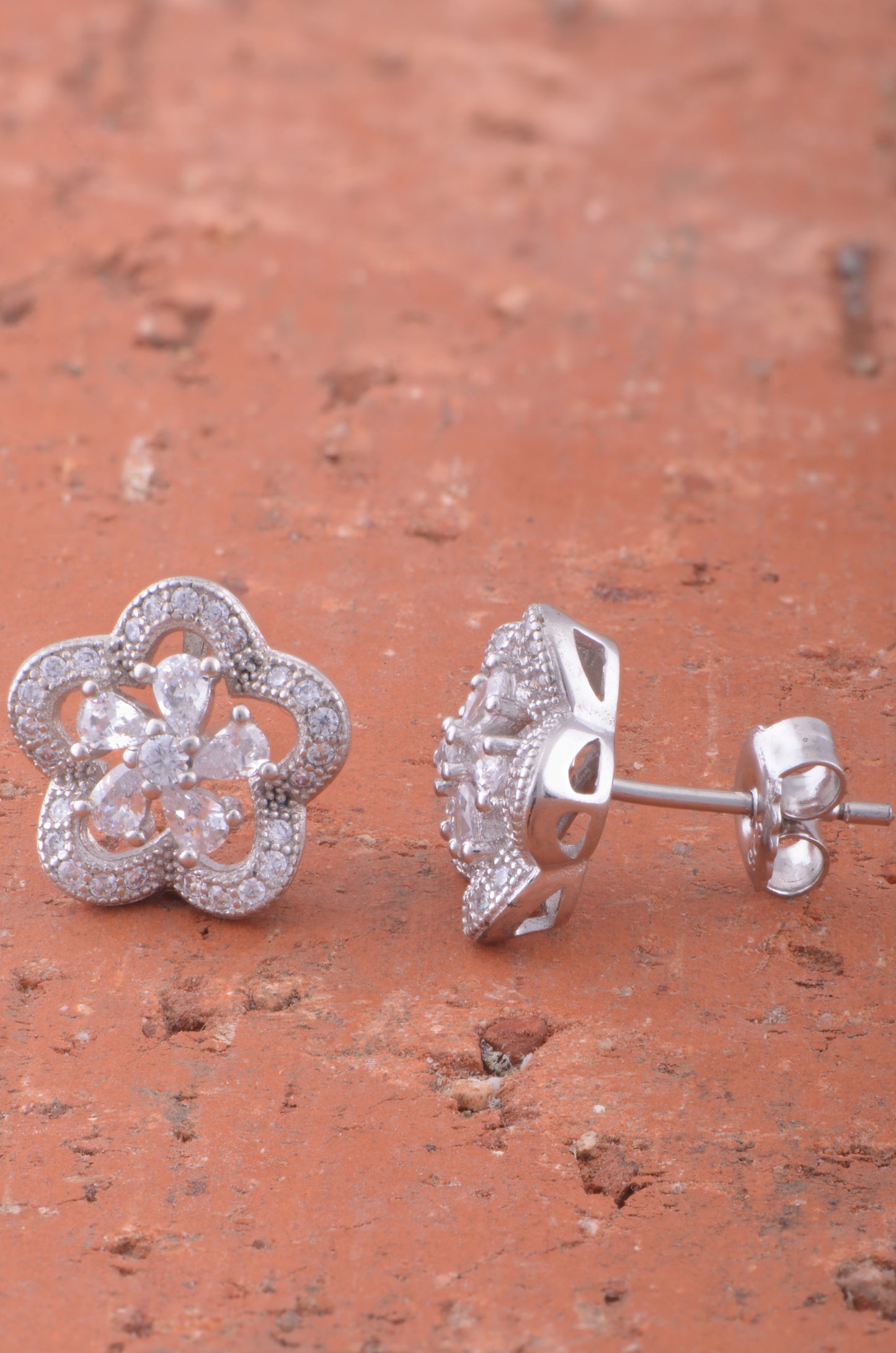White Gold Over Sterling Silver Womens Cz Halo Flower Stud Earrings