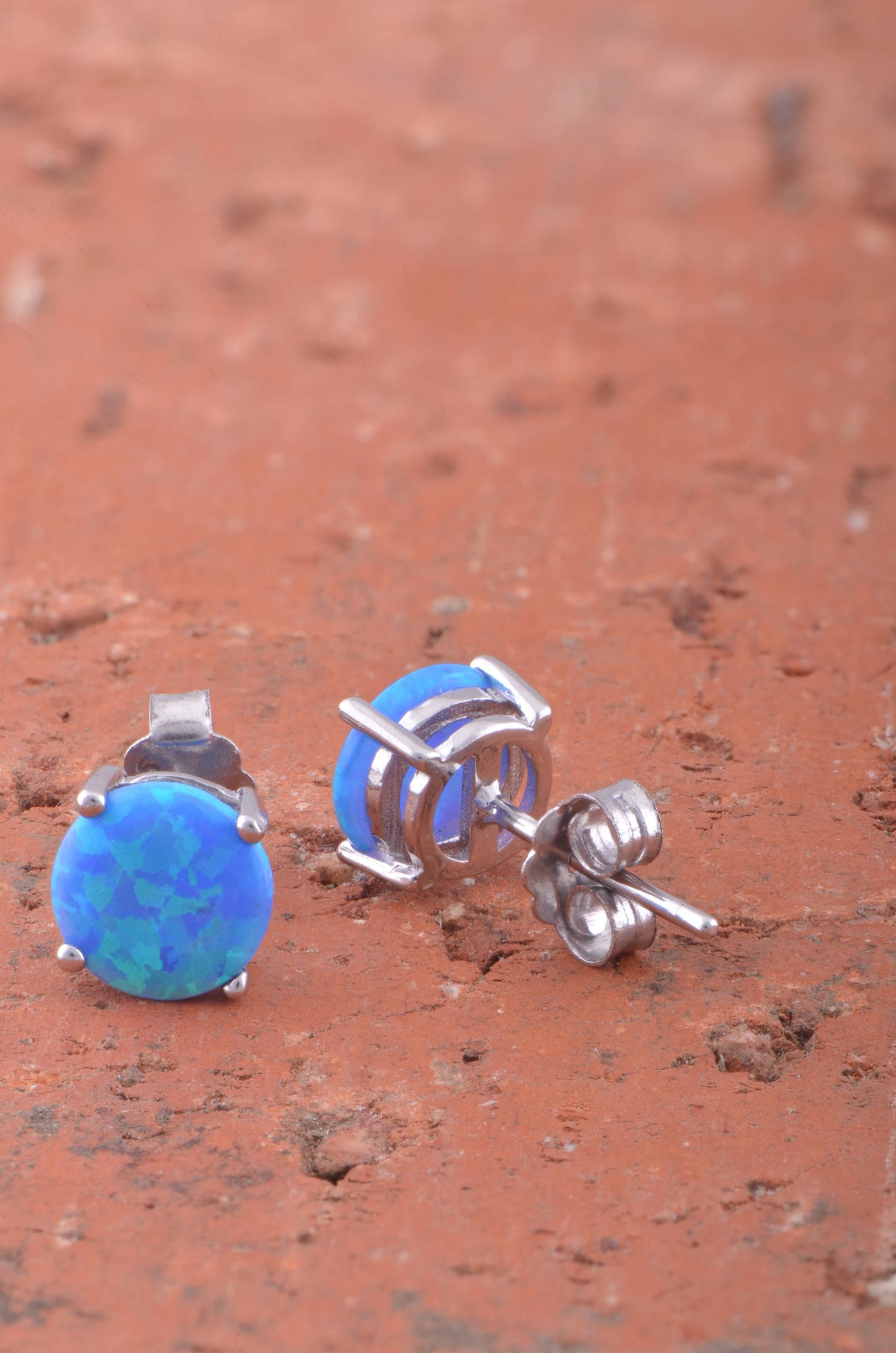 Rhodium Plated Silver Women's Created Blue Opal Round Stud Earrings - 12MM Diameter