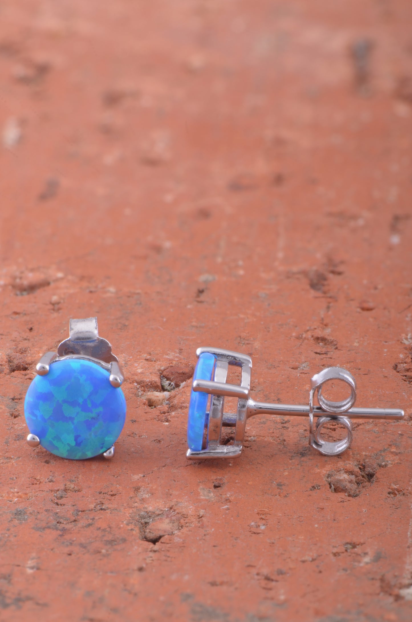 Rhodium Plated Silver Women's Created Blue Opal Round Stud Earrings - 12MM Diameter