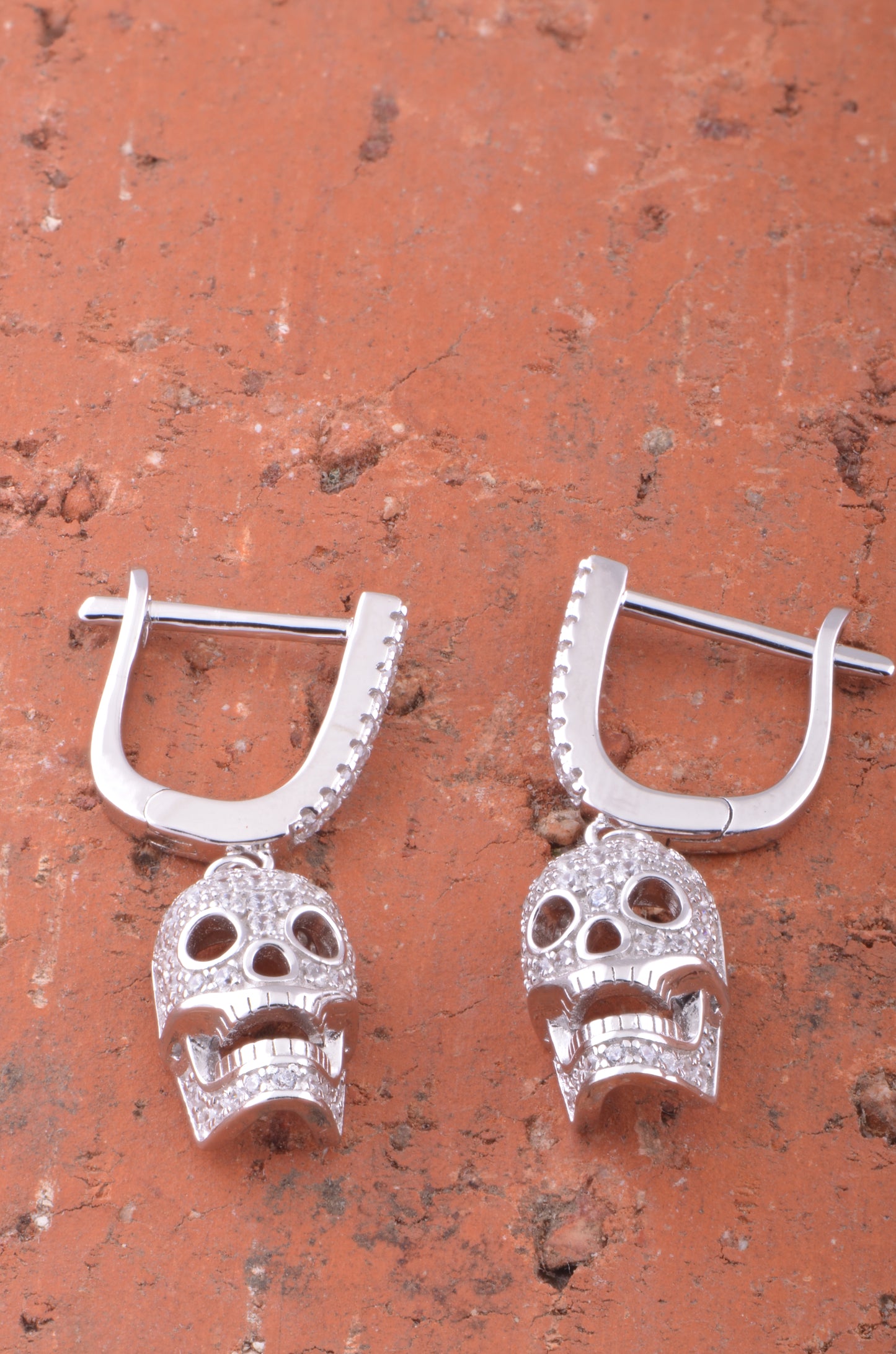 Rose Gold Over Silver Cz Womens French Clip Dangle Sugar Skull Earrings - 23mm