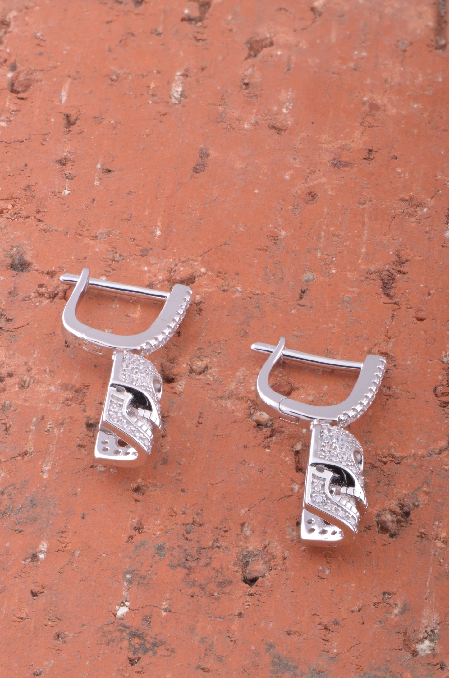 Rose Gold Over Silver Cz Womens French Clip Dangle Sugar Skull Earrings - 23mm
