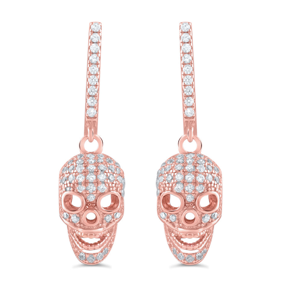 Rose Gold Over Silver Cz Womens French Clip Dangle Sugar Skull Earrings - 23mm
