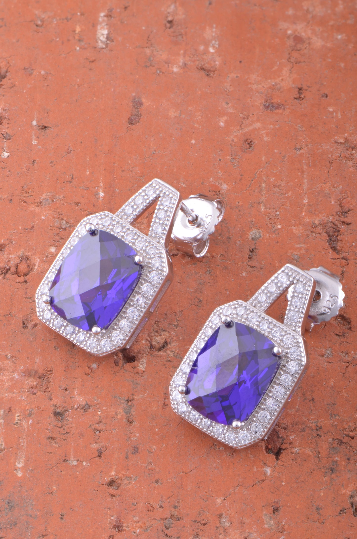 White Gold Over Sterling Silver Womens Simulated Blue Sapphire Halo Earrings