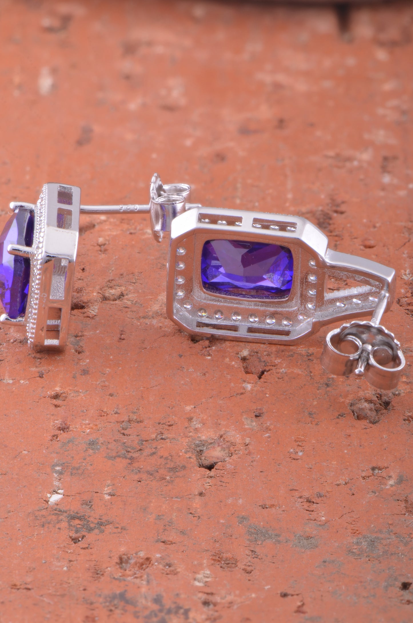 White Gold Over Sterling Silver Womens Simulated Blue Sapphire Halo Earrings