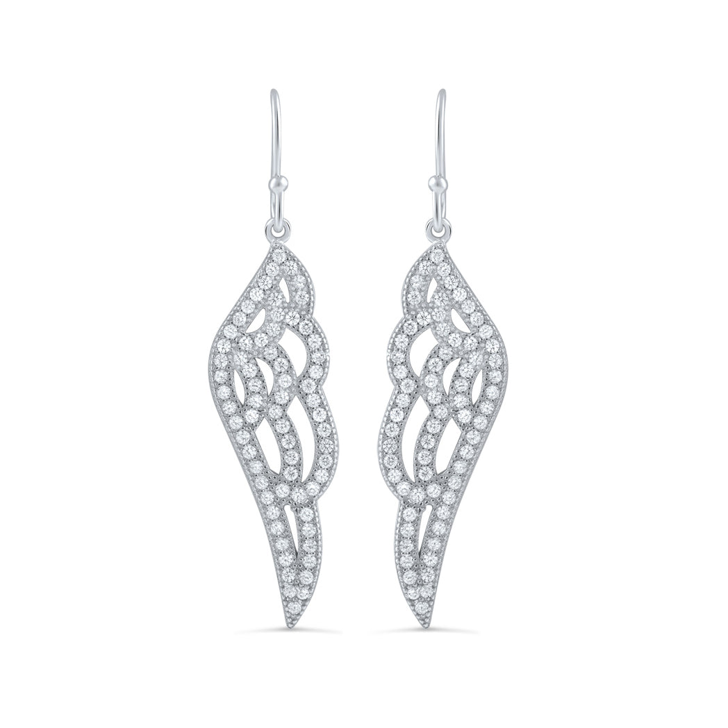 White Gold White Gold over Sterling Silver Women's CZ Angel Wing Dangle Earrings — detail view