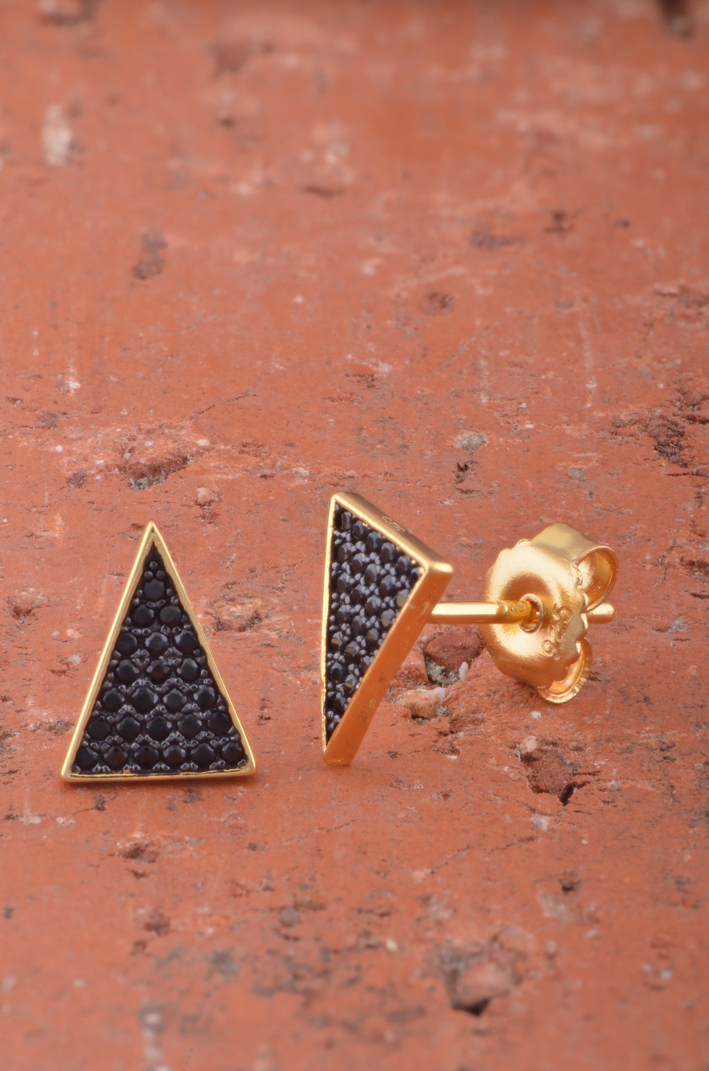 Yellow Gold Over Sterling Silver Womens Black Cz Triangle Stud Earrings