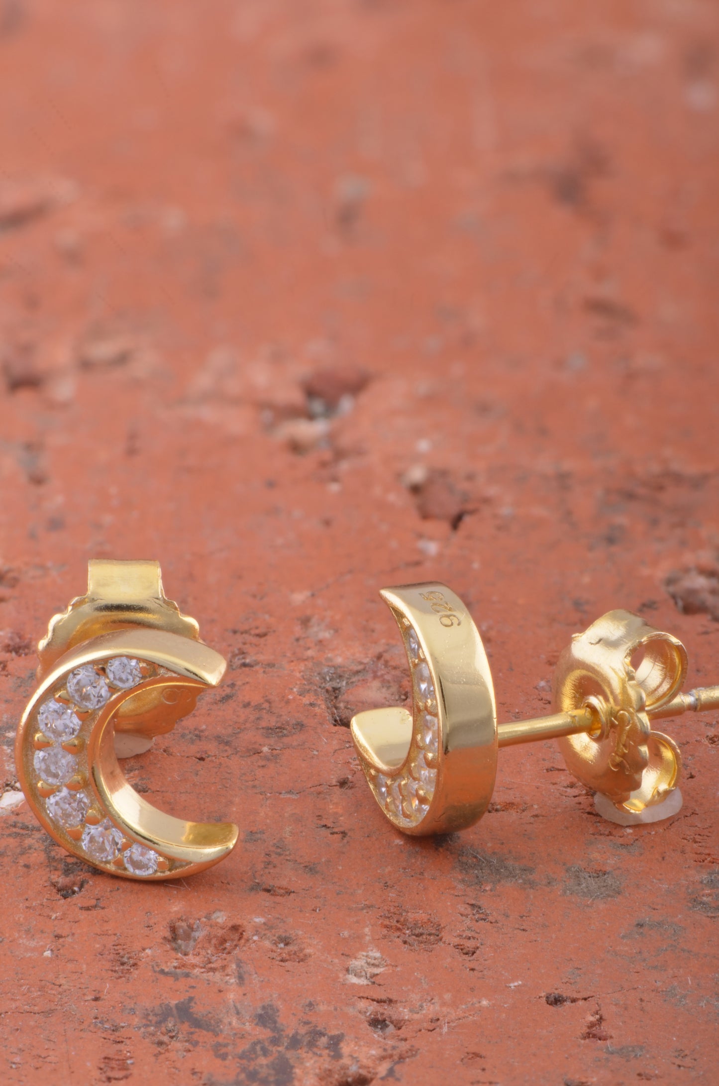 Yellow Gold Vermeil Womens Cz Crescent Moon Stud Earrings