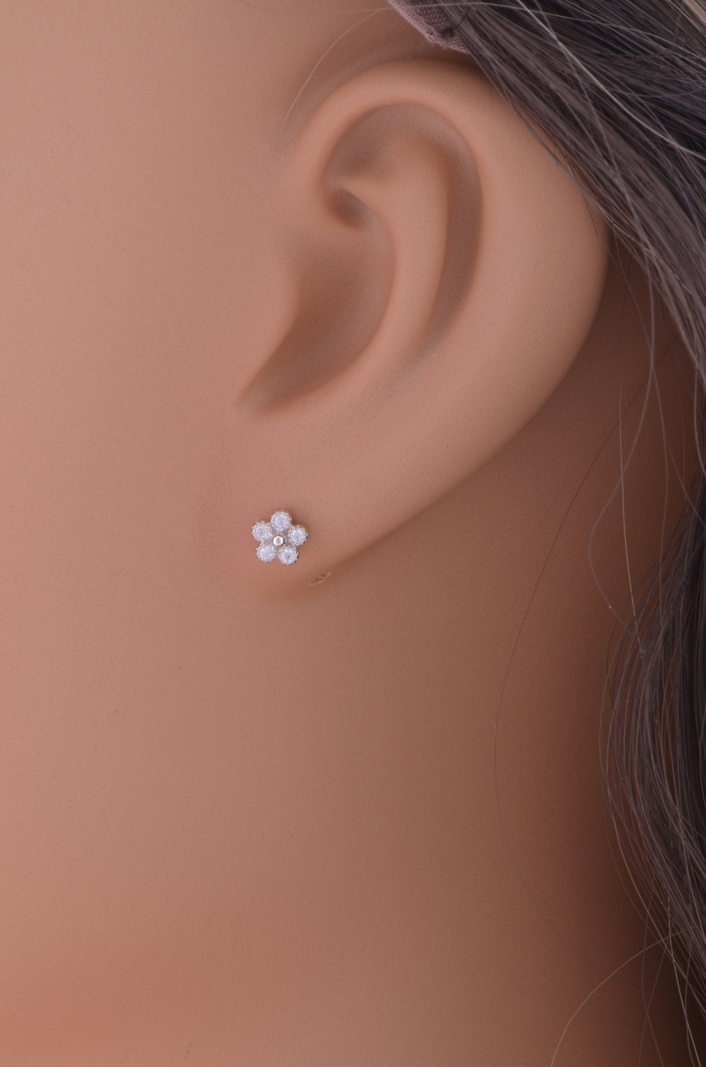 White Gold Over Sterling Silver Womens Tiny Flower Cz Stud Earrings