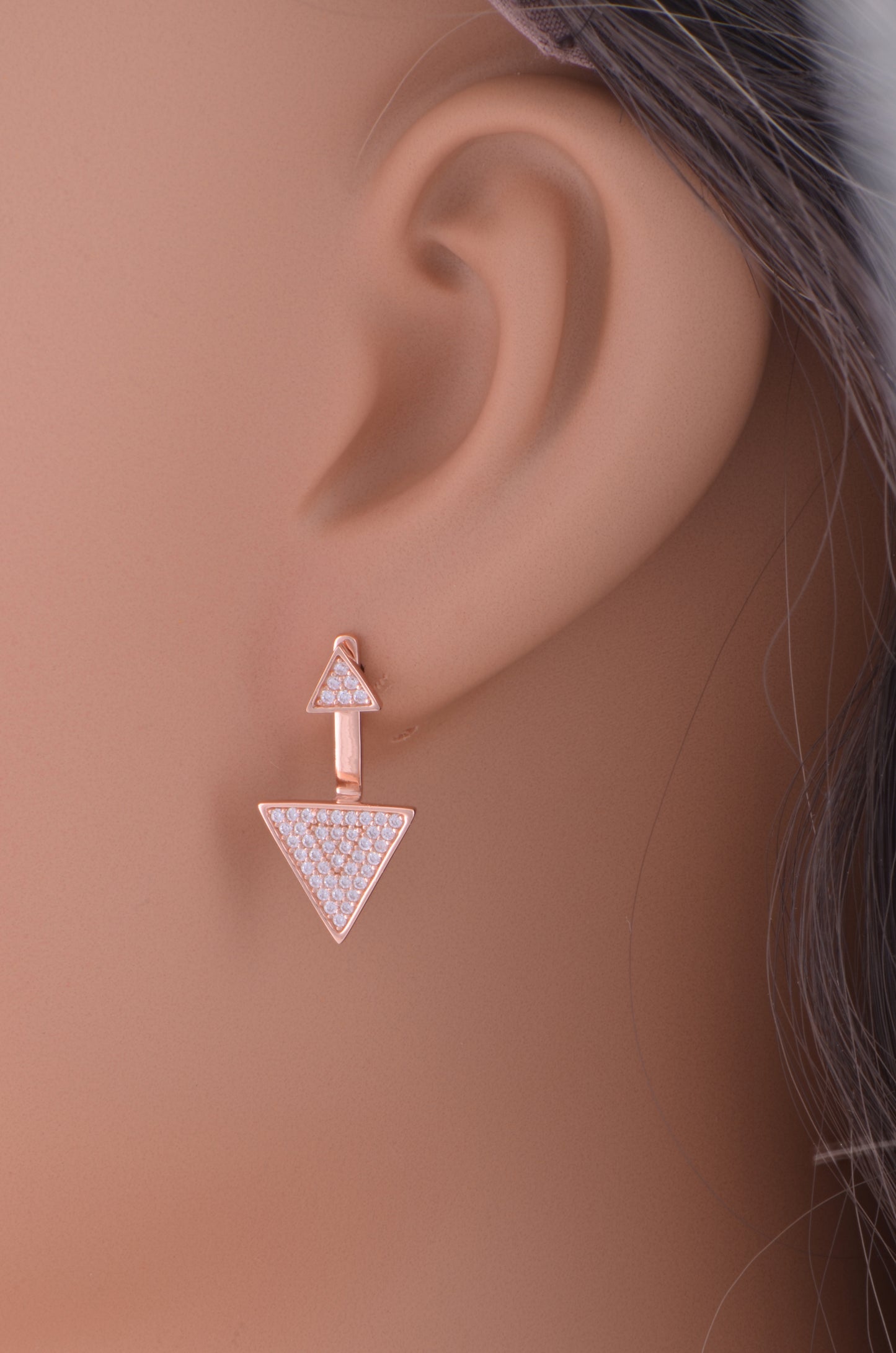 Rose Gold Tone Sterling Silver Cz Triangle Earring Jacket Stud Earrings