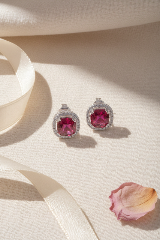 White Gold over Sterling Silver Cushion Cut Simulated Ruby CZ Halo stud earrings