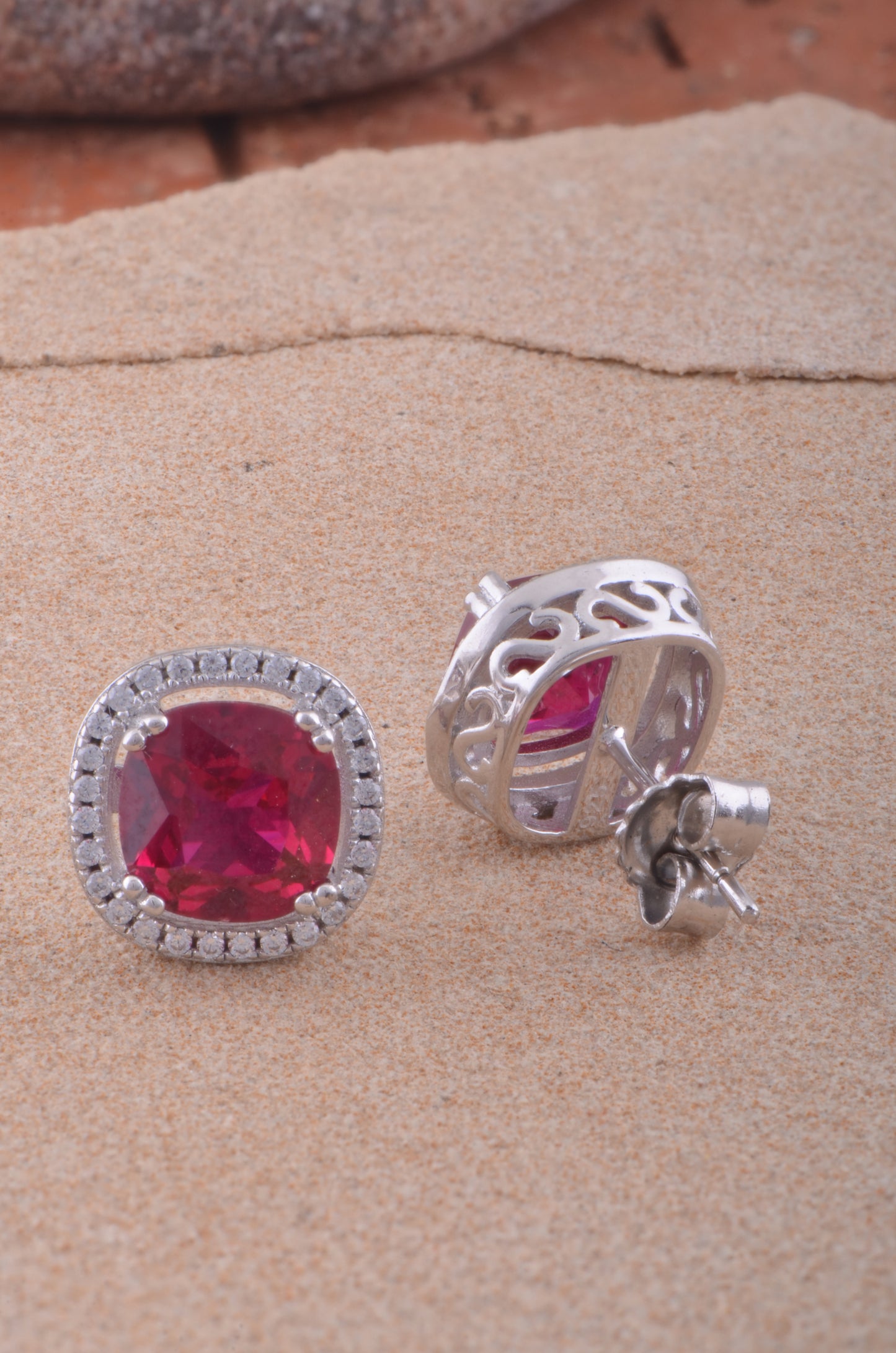 White Gold Over Sterling Silver Cushion Cut Simulated Ruby Cz Halo stud earrings