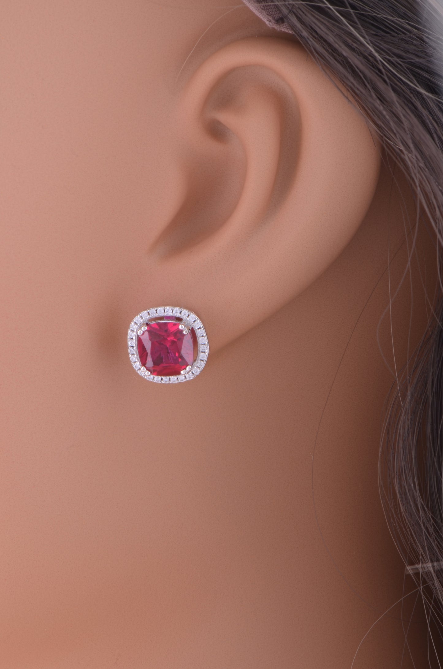 White Gold Over Sterling Silver Cushion Cut Simulated Ruby Cz Halo stud earrings