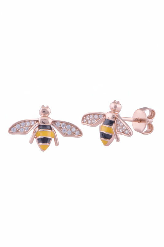 14K Gold 925 Sterling Silver Yellow and Black Enamel Bee Earrings - Gift for Her