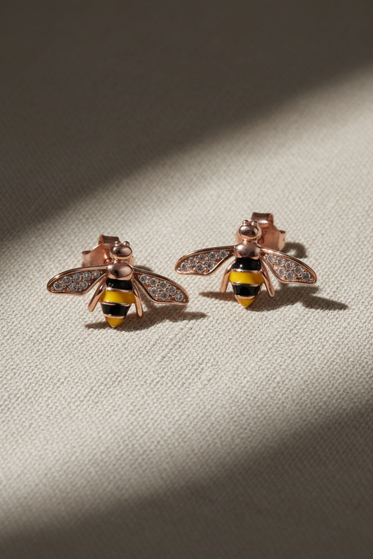 14K Rose Gold Vermeil Honey Bee Stud Earrings for Women - 925 Sterling Silver Yellow and Black Enamel Bee Earrings - Gift for Her