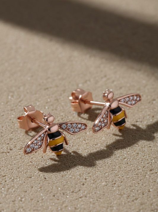 14K Rose Gold Vermeil Honey Bee Stud Earrings for Women - 925 Sterling Silver Yellow and Black Enamel Bee Earrings - Gift for Her
