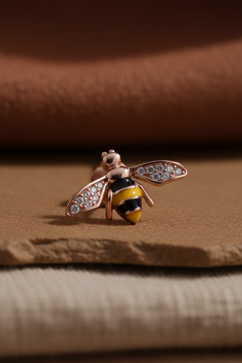 14K Rose Gold Vermeil Honey Bee Stud Earrings for Women - 925 Sterling Silver Yellow and Black Enamel Bee Earrings - Gift for Her