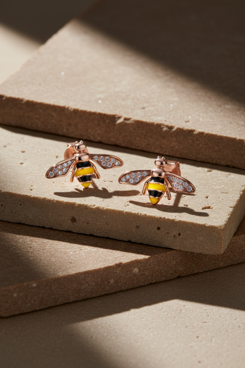 14K Rose Gold Vermeil Honey Bee Stud Earrings for Women - 925 Sterling Silver Yellow and Black Enamel Bee Earrings - Gift for Her