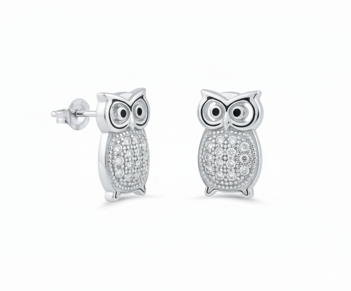 White Gold Over Sterling Silver Cz Owl Stud Earrings for Women
