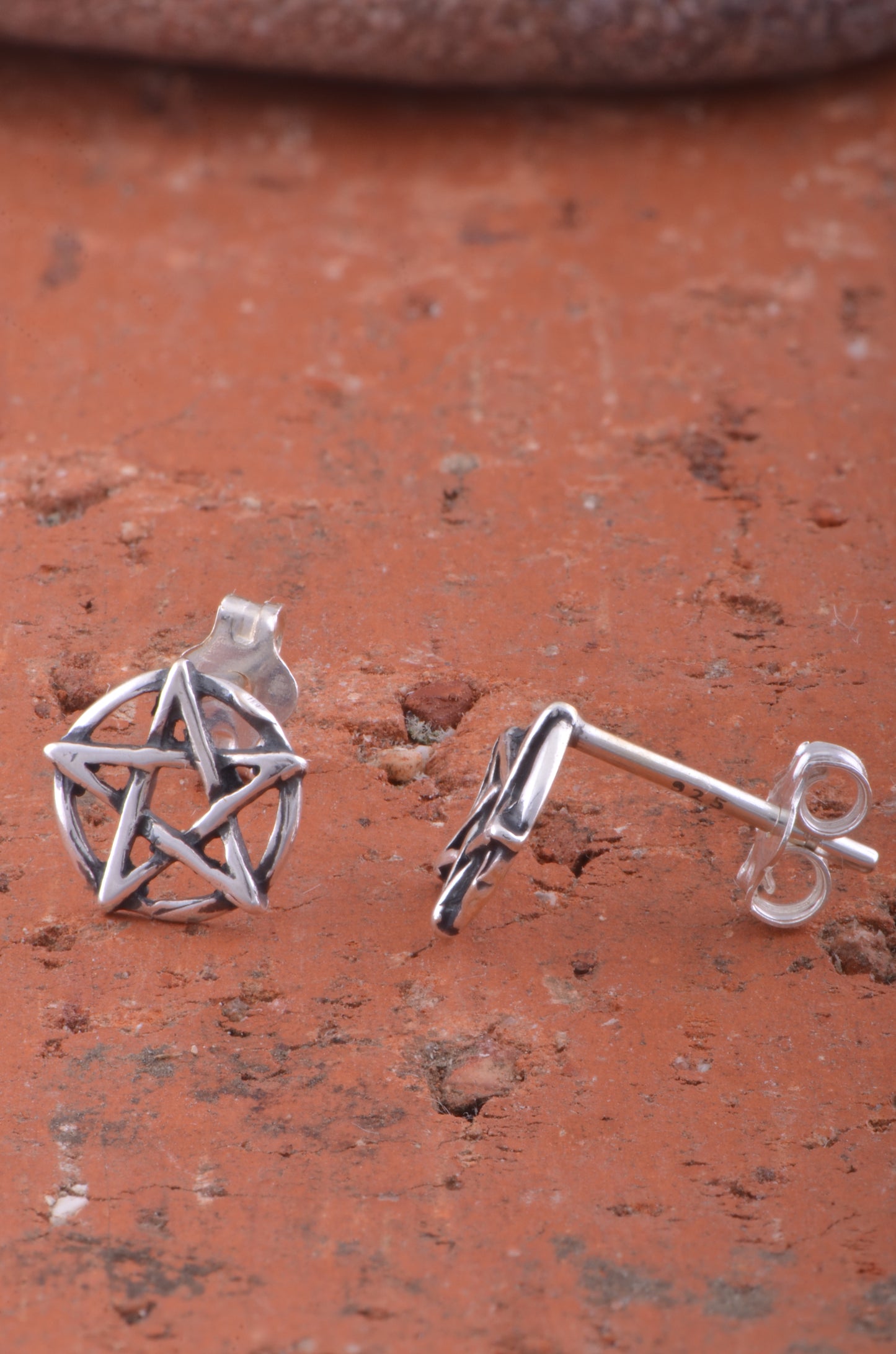 Sterling Silver Women's Dainty Oxidized Wiccan Pentagram Star Pentacle Stud Earrings