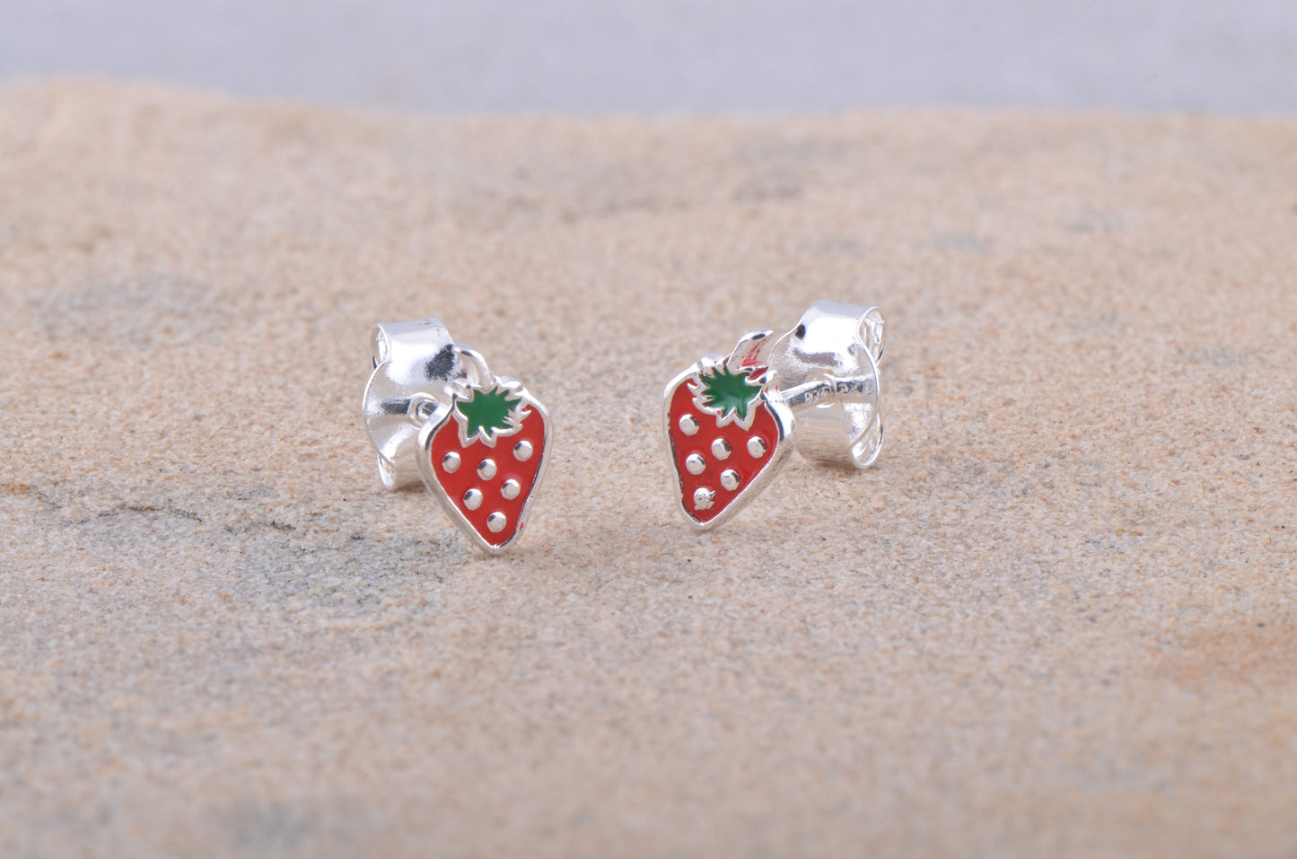 Sterling Silver GIrls Dainty Red Strawberry Fruit Stud Earrings