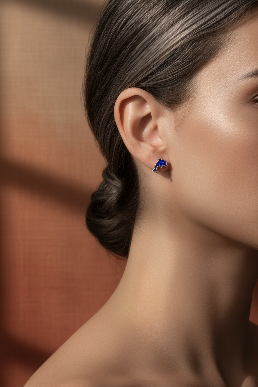 Sterling Silver Girls Blue Enamel Dainty Dolphin Stud Earrings, 9mm