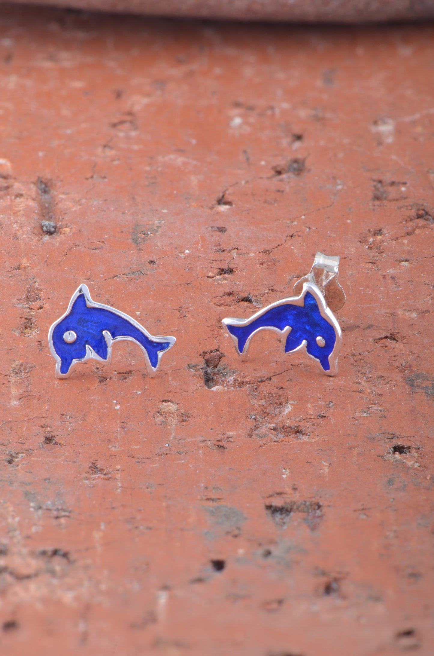 Sterling Silver Girls Blue Enamel Dainty Dolphin Stud Earrings 9mm
