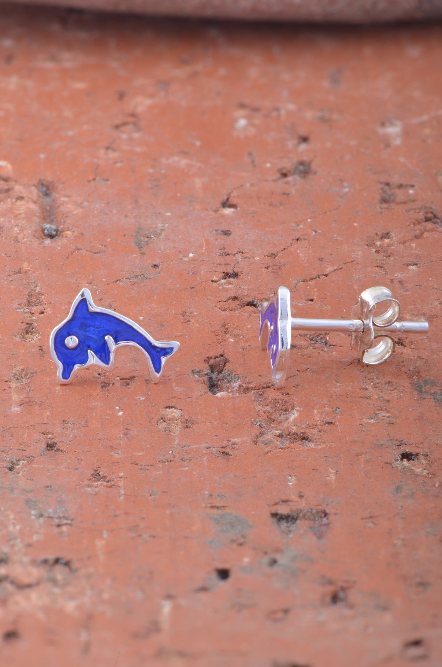 Sterling Silver Girls Blue Enamel Dainty Dolphin Stud Earrings 9mm