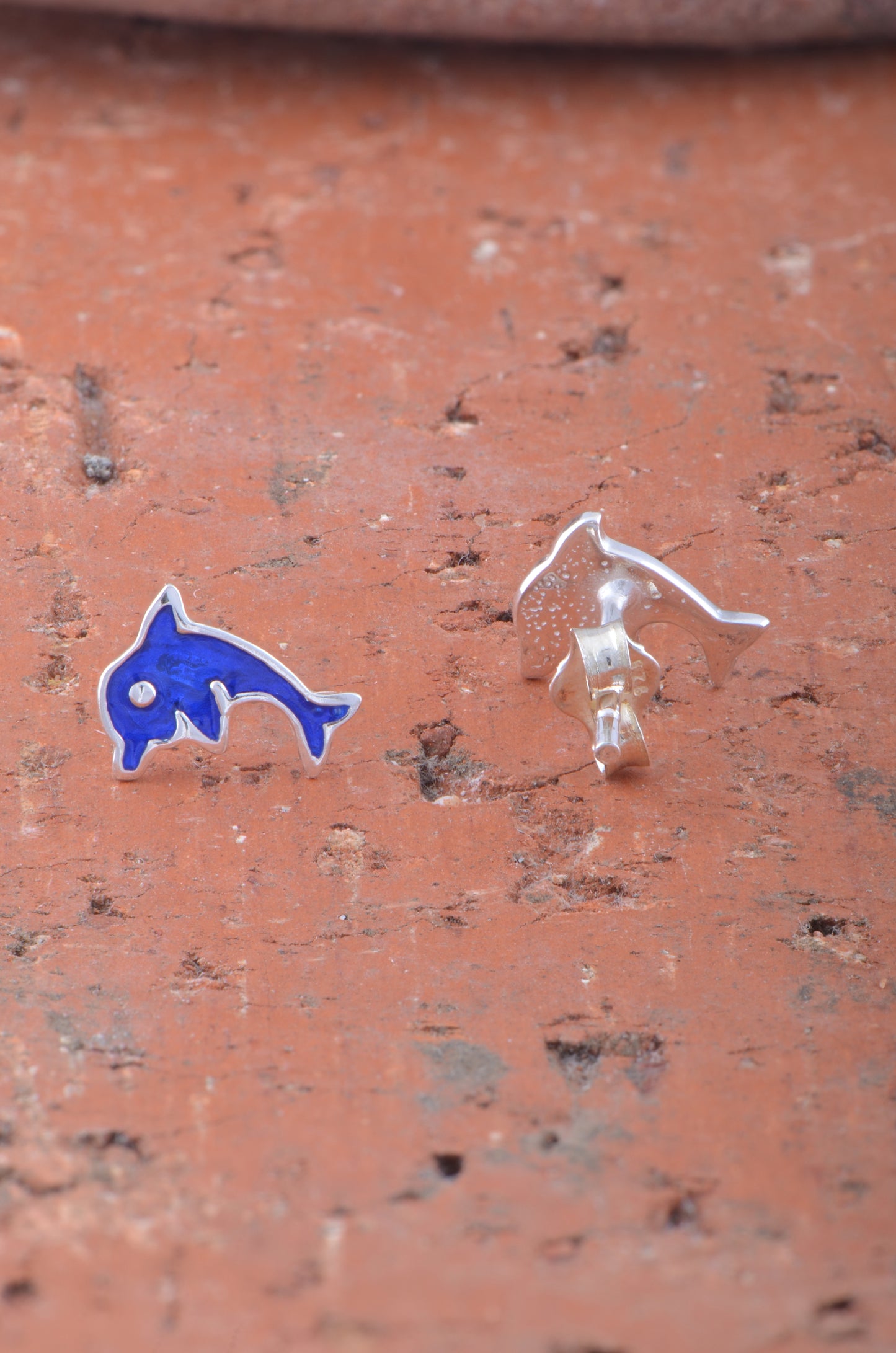 Sterling Silver Girls Blue Enamel Dainty Dolphin Stud Earrings 9mm