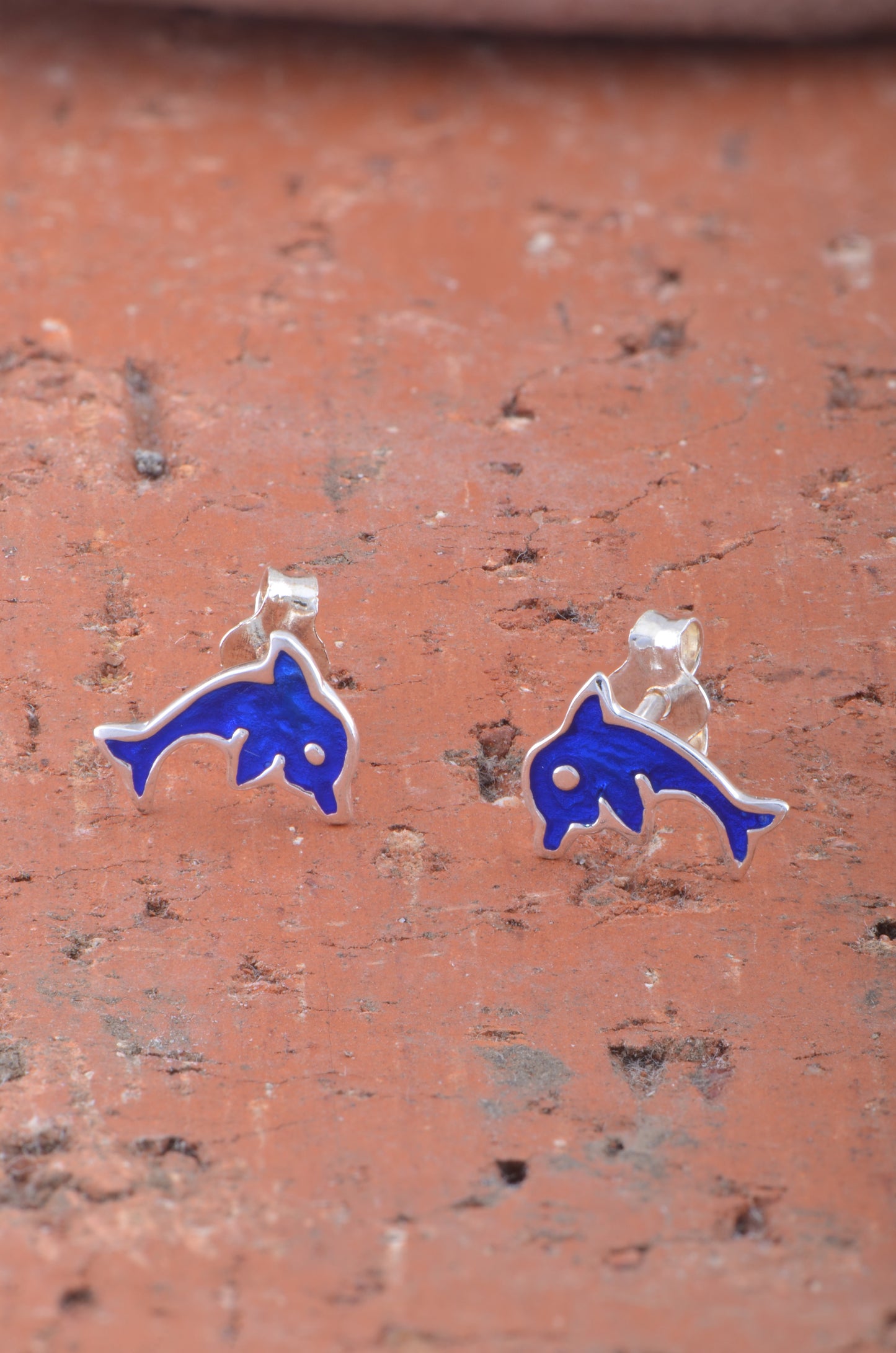 Sterling Silver Girls Blue Enamel Dainty Dolphin Stud Earrings 9mm