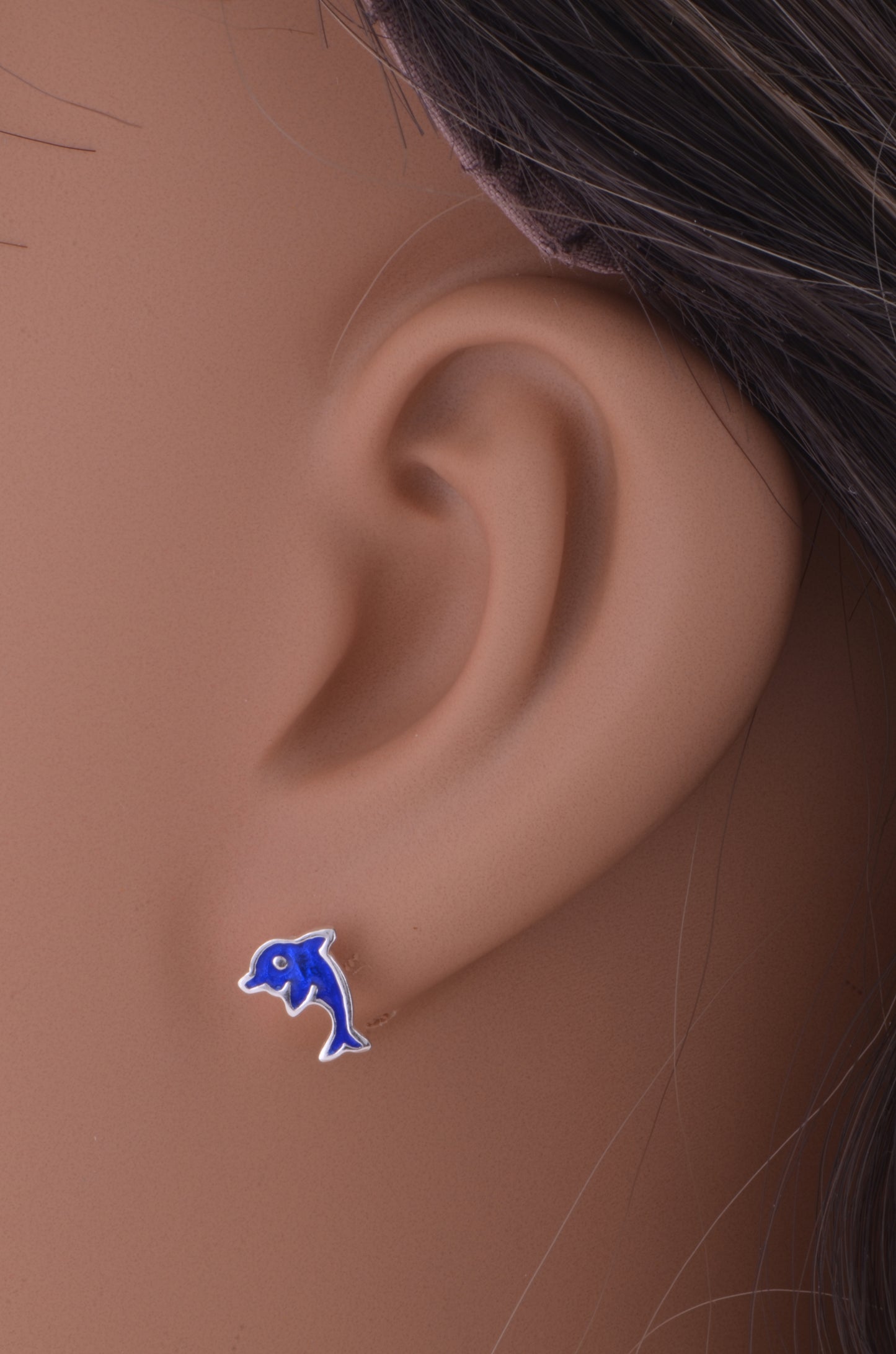 Sterling Silver Girls Blue Enamel Dainty Dolphin Stud Earrings 9mm