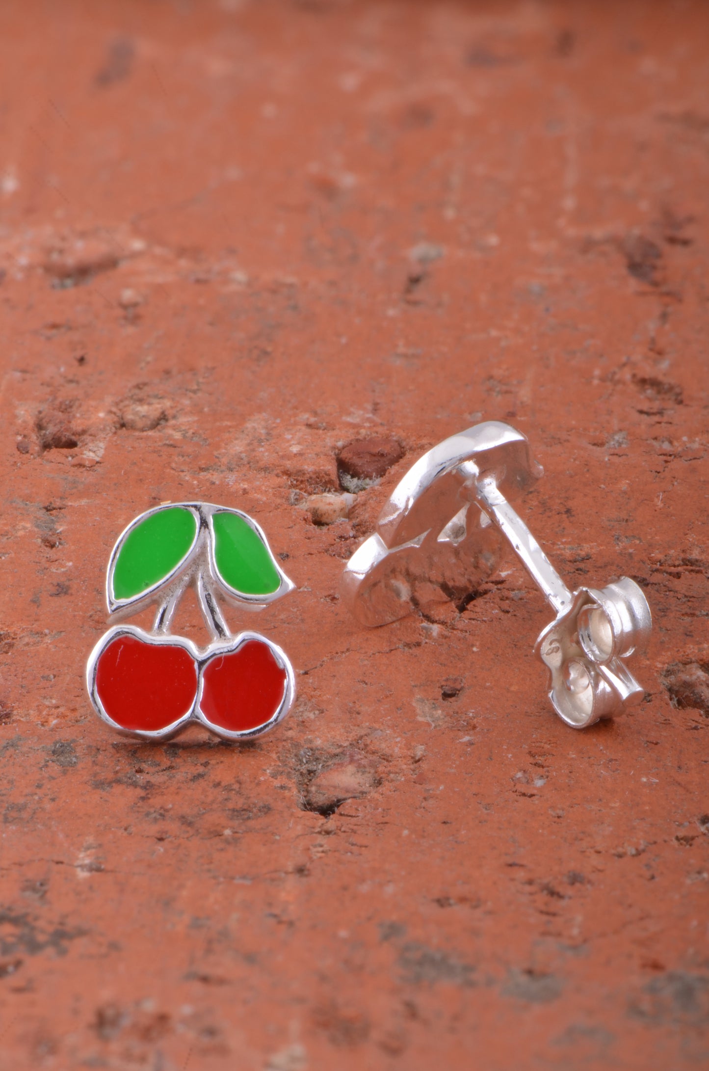 Sterling Silver Womens Dainty Lucky Cherry Stud Earrings - 8mm