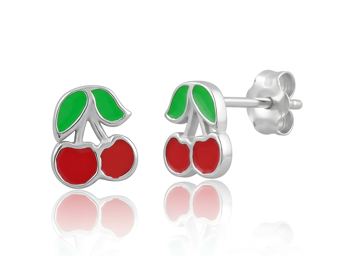 Sterling Silver Women's Dainty Lucky Cherry Stud Earrings, 8mm