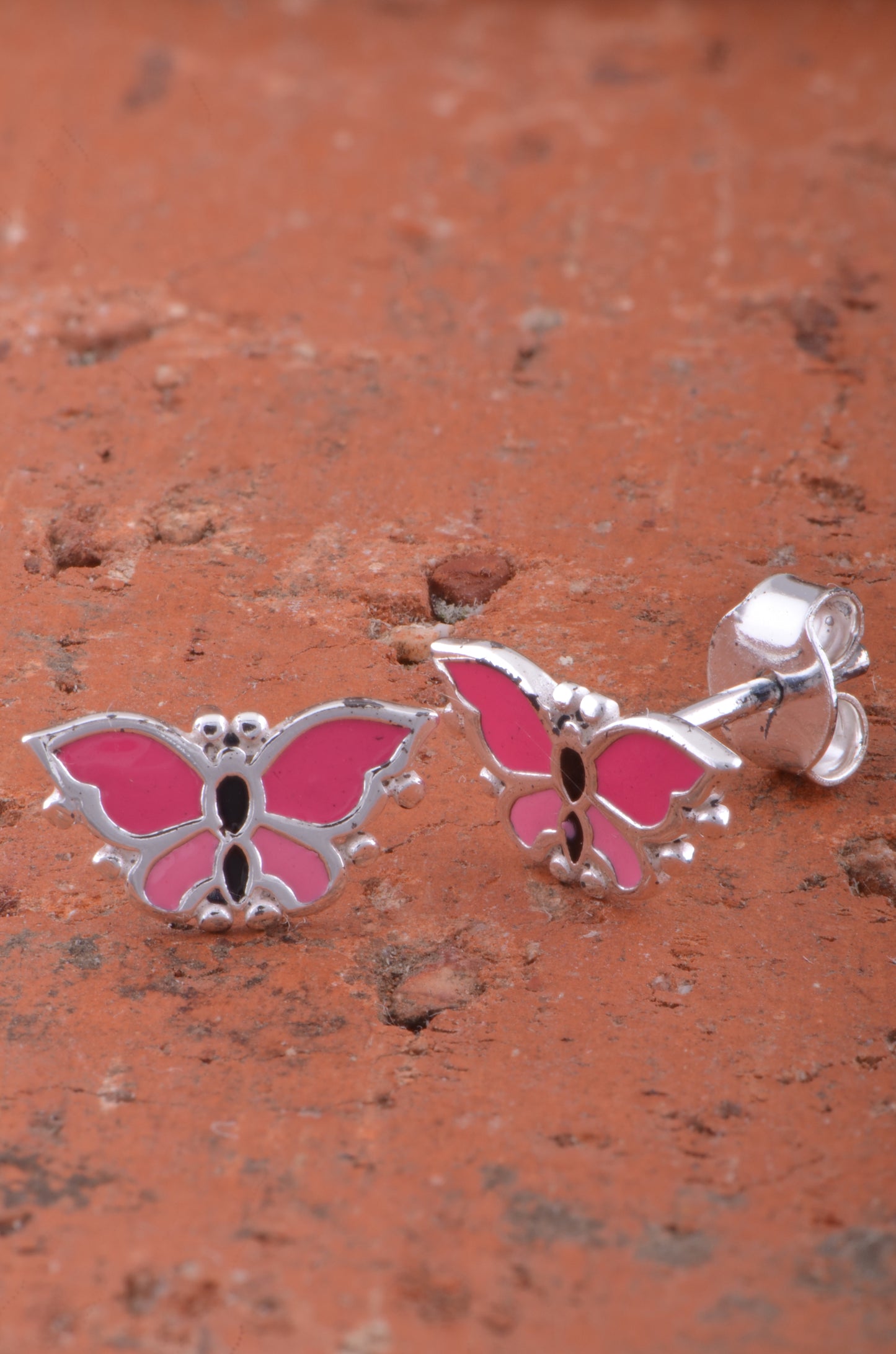 Sterling Silver Womens Pink Enamel Butterfly Stud Earrings