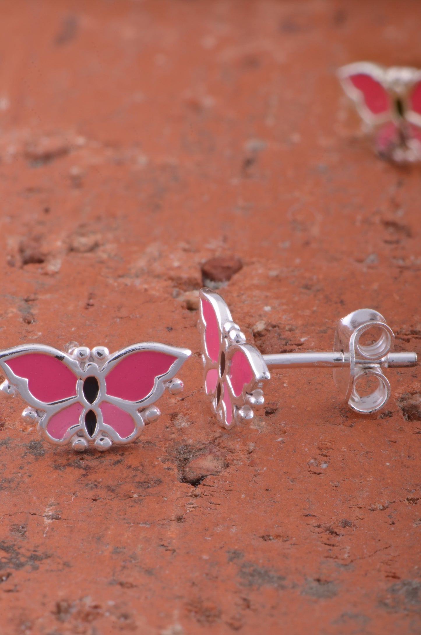 Sterling Silver Womens Pink Enamel Butterfly Stud Earrings