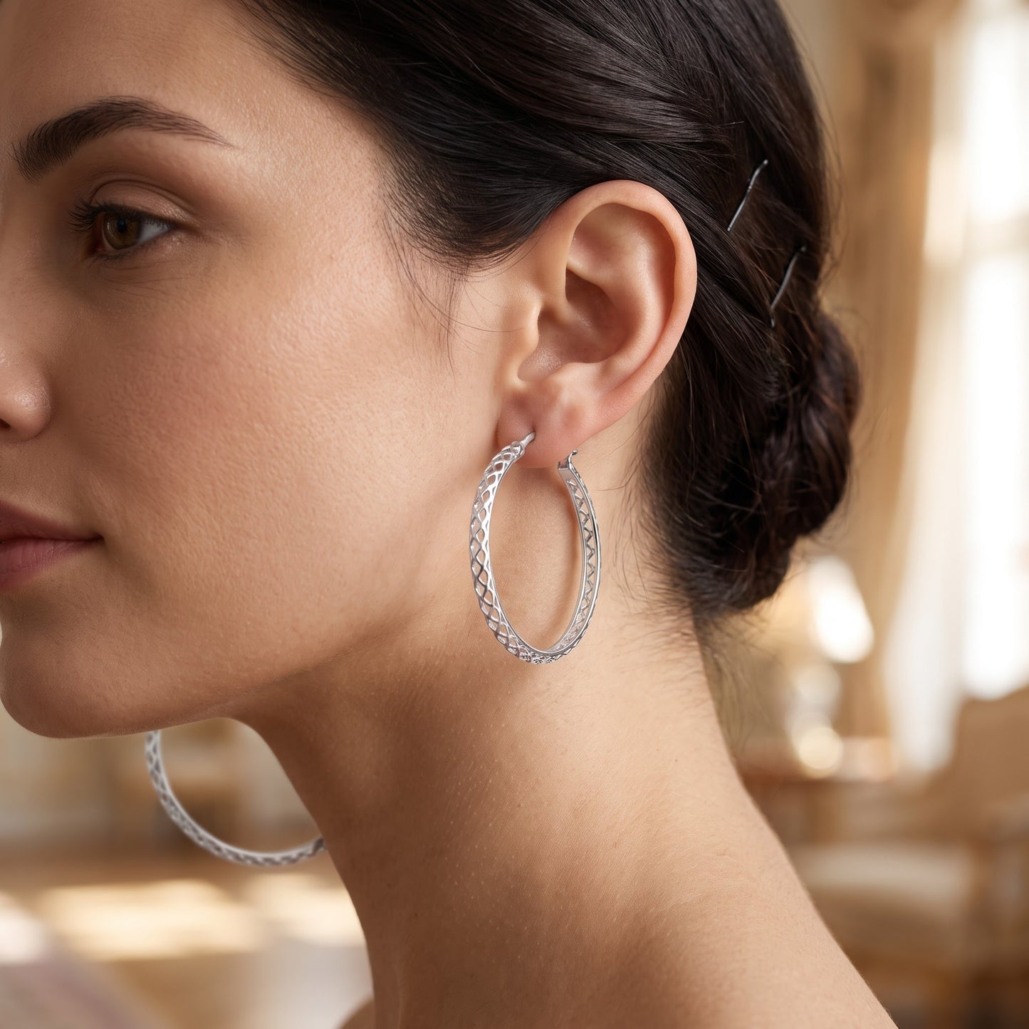 Sterling Silver 28mm Hoop Earrings for Women, 2.5mm Basket Endless Hoops, Everyday Jewelry Gift view 4