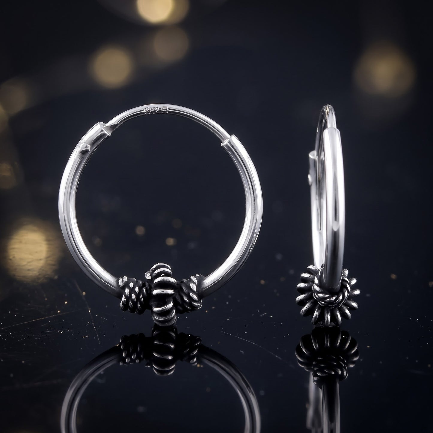 Sterling Silver 14mm Hoop Earrings for Women, 4.5mm Corrugated Bali Bead Endless Hoops, Everyday Jewelry Gift view 3