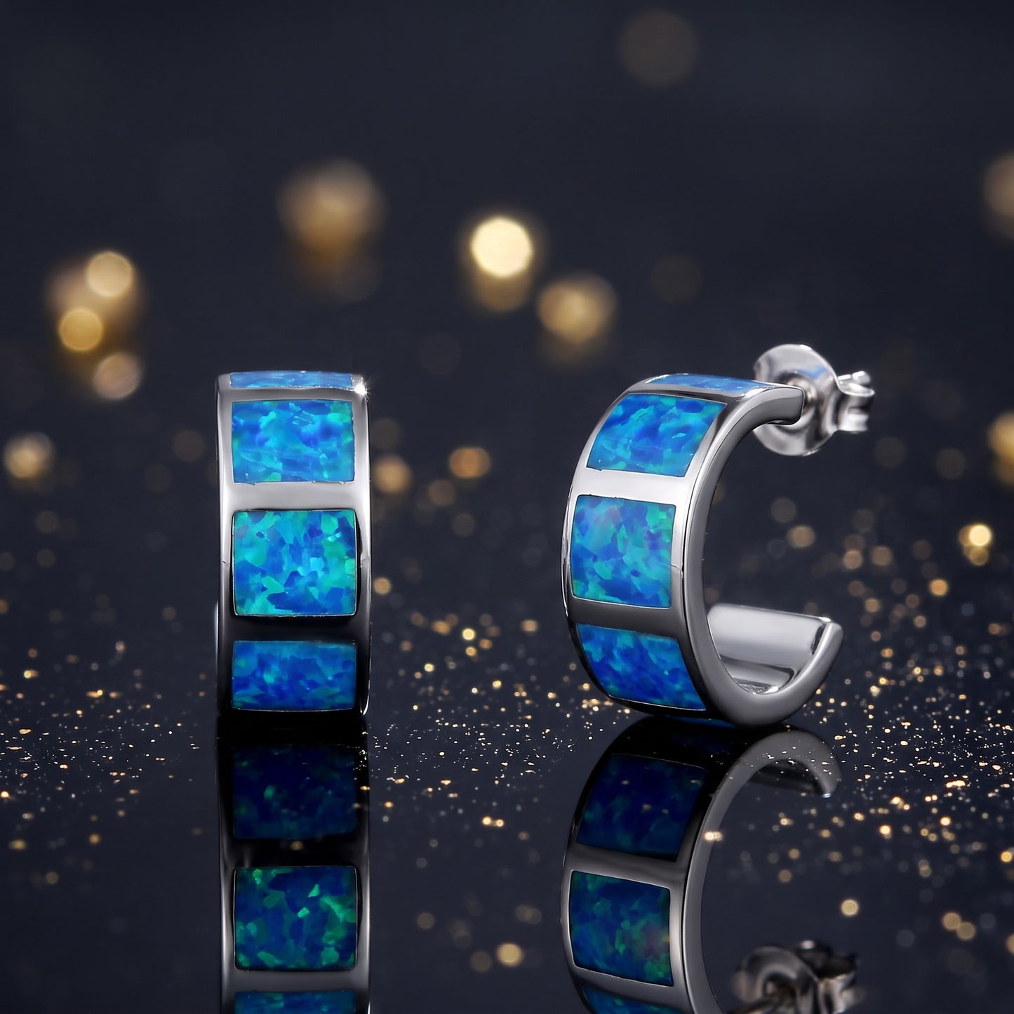 Sterling Silver Blue Lab Opal Hoop Earrings for Women with CZ, Sterling Hoops, Dainty Everyday Jewelry Gift view 3